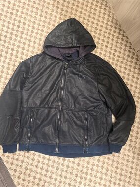 True Religion Men's Black Hooded Leather moto Jacket